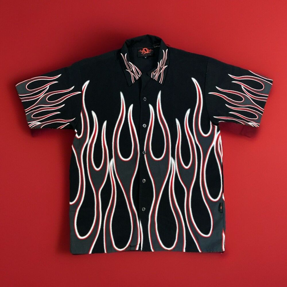 D Clothing x Y2K Black Fire Flames Button Shirt Mens Size Small